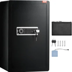 VEVOR Single Door 4.0 cu.ft Safe Box with Key Lock, Password & Fingerprint, Safe Lock Box with Fireproof Bag, Key Rack, LED Light, and 2 Shelves for Money, Documents, Jewelry, and Valuables, Black