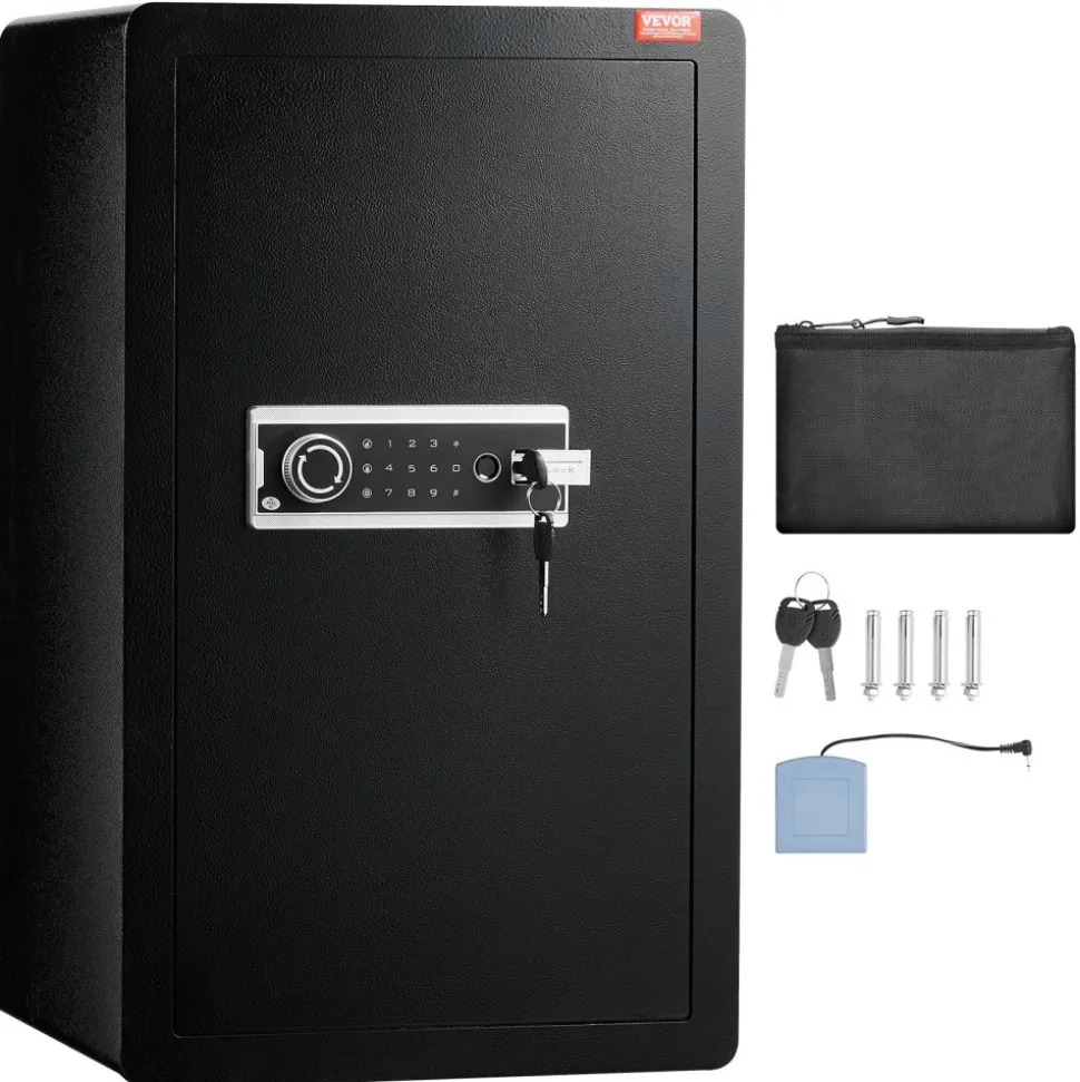 VEVOR Single Door 4.0 cu.ft Safe Box with Key Lock, Password & Fingerprint, Safe Lock Box with Fireproof Bag, Key Rack, LED Light, and 2 Shelves for Money, Documents, Jewelry, and Valuables, Black