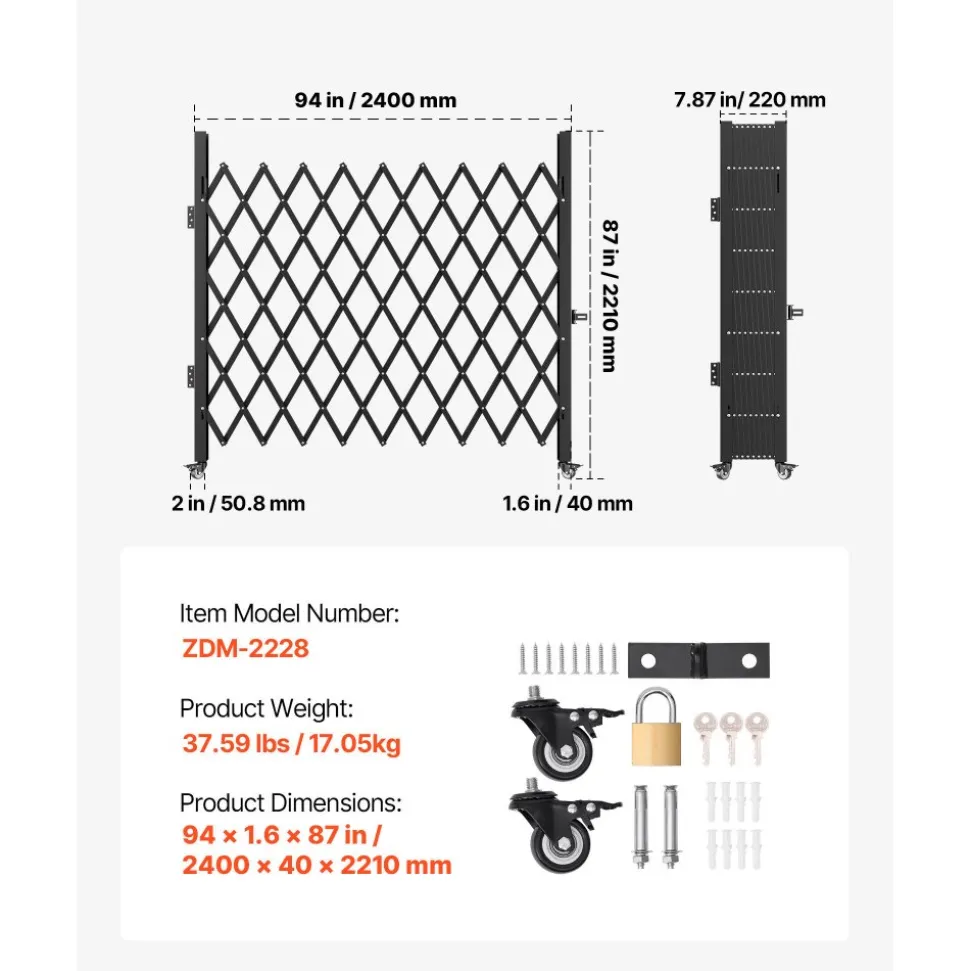 VEVOR Single Folding Security Gate, Lockable Scissor Gate with 360° Swivel Casters, Outdoor Barricade Steel Retractable Gates, for Entry Security, Garage, Warehouse & Pool, 49.61 x 77.76 in (W x H)