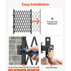 VEVOR Single Folding Security Gate, 7.25 ft H x 7.8 ft W Folding Door Gate, Steel Accordion Security Gate, Flexible Expanding Security Gate, 360° Rolling Barricade Gate, Scissor Gate/Door with Padlock