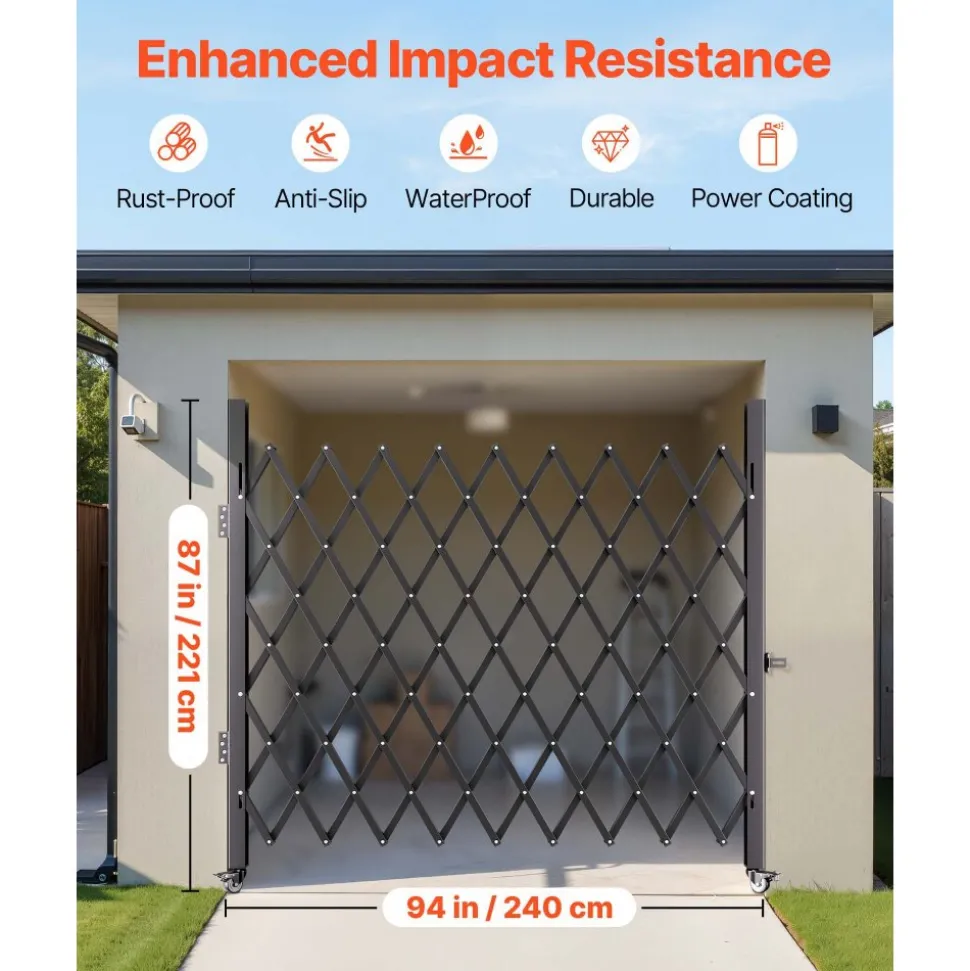 VEVOR Single Folding Security Gate, Lockable Scissor Gate with 360° Swivel Casters, Outdoor Barricade Steel Retractable Gates, for Entry Security, Garage, Warehouse & Pool, 49.61 x 77.76 in (W x H)