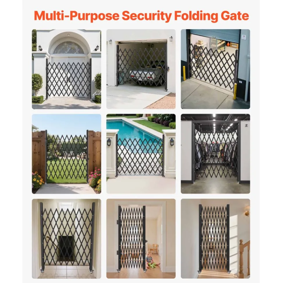 VEVOR Single Folding Security Gate, Lockable Scissor Gate with 360° Swivel Casters, Outdoor Barricade Steel Retractable Gates, for Entry Security, Garage, Warehouse & Pool, 49.61 x 77.76 in (W x H)