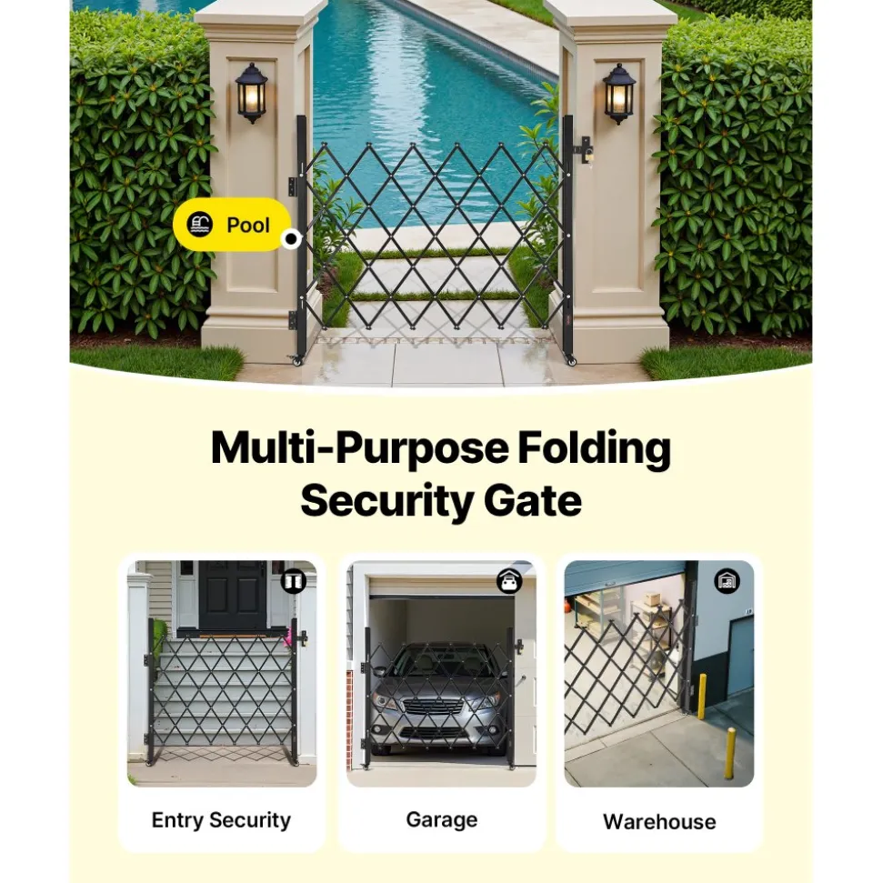 VEVOR Single Folding Security Gate, Lockable Scissor Gate with 360° Swivel Casters, Outdoor Barricade Steel Retractable Gates, for Entry Security, Garage, Warehouse & Pool, 43.31 x 51.57 in (W x H)