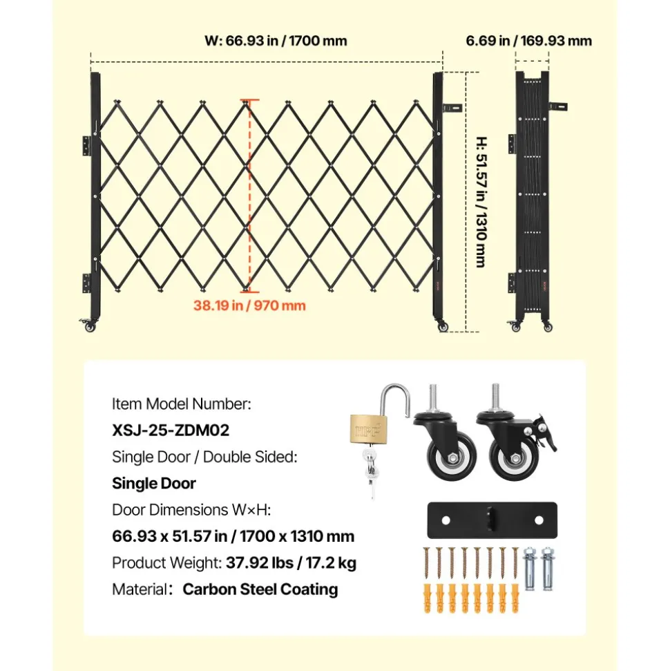 VEVOR Single Folding Security Gate, Lockable Scissor Gate with 360° Swivel Casters, Outdoor Barricade Steel Retractable Gates, for Entry Security, Garage, Warehouse & Pool, 66.93 x 51.57 in (W x H)