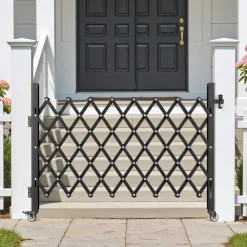 VEVOR Single Folding Security Gate, Lockable Scissor Gate with 360° Swivel Casters, Outdoor Barricade Steel Retractable Gates, for Entry Security, Garage, Warehouse & Pool, 66.93 x 51.57 in (W x H)