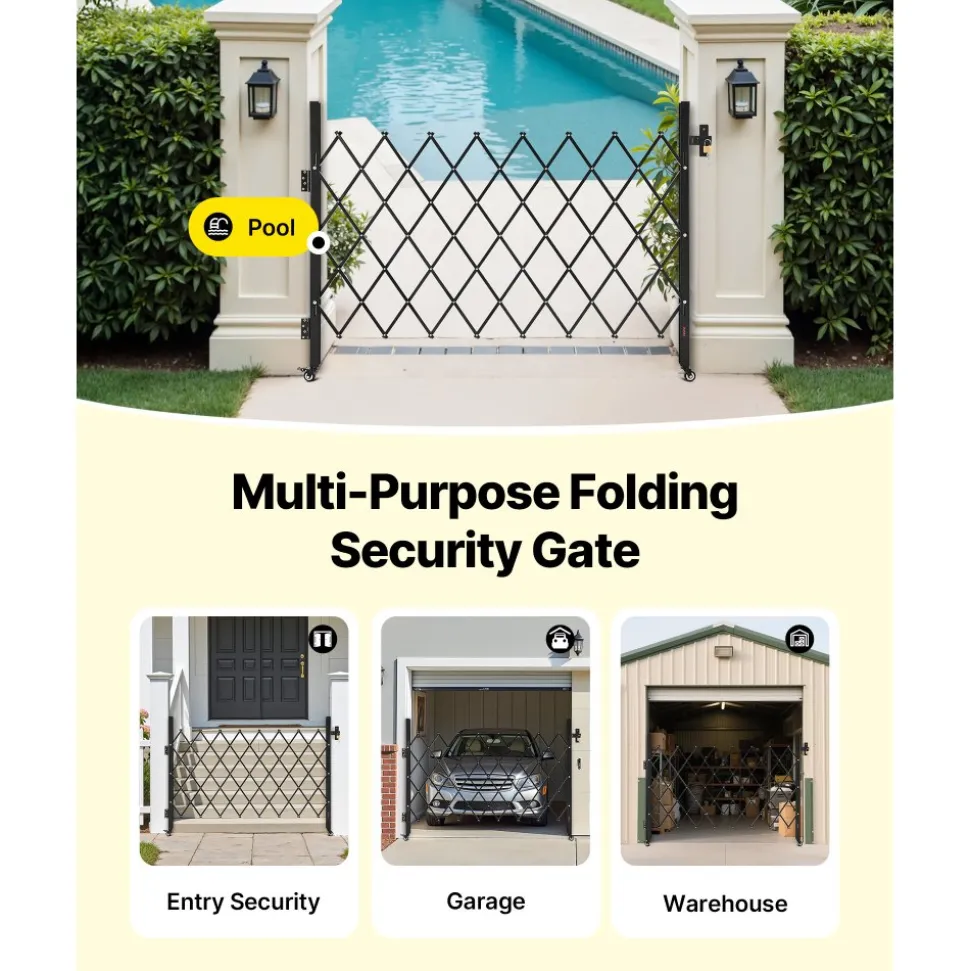 VEVOR Single Folding Security Gate, Lockable Scissor Gate with 360° Swivel Casters, Outdoor Barricade Steel Retractable Gates, for Entry Security, Garage, Warehouse & Pool, 66.93 x 51.57 in (W x H)