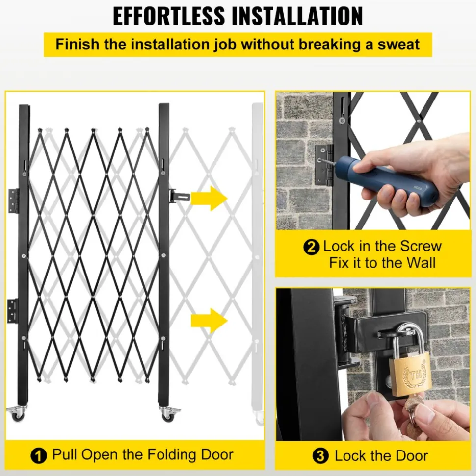 VEVOR Single Folding Security Gate, 48" H x 66" W Folding Door Gate, Steel Accordion Security Gate, Flexible Expanding Security Gate, 360° Rolling Barricade Gate, Scissor Gate or Door with Padlock
