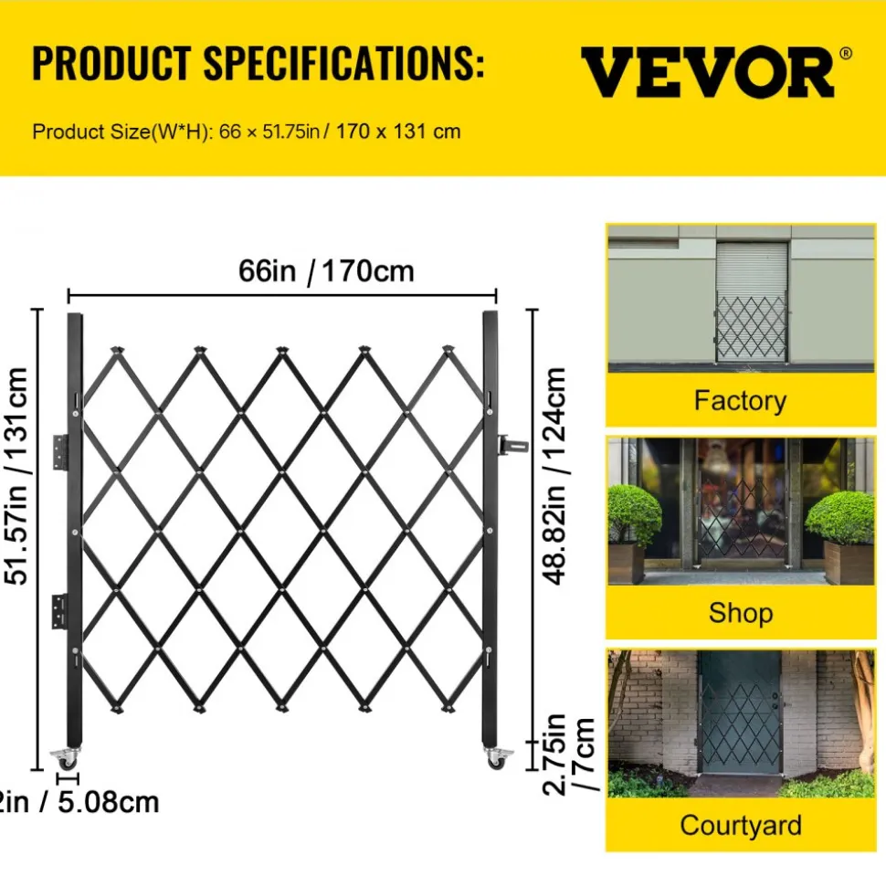 VEVOR Single Folding Security Gate, 48" H x 66" W Folding Door Gate, Steel Accordion Security Gate, Flexible Expanding Security Gate, 360° Rolling Barricade Gate, Scissor Gate or Door with Padlock