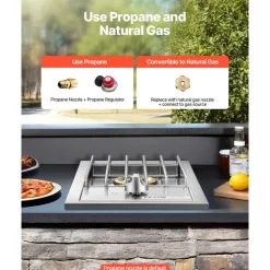 VEVOR Single Grilling Side Burner, 15,000BTU Liquid Propane Side Burner for Outdoor Kitchen, Convertible to Natural Gas, 304 Stainless Steel Built-in Single Grill Burners for BBQ Grill Island