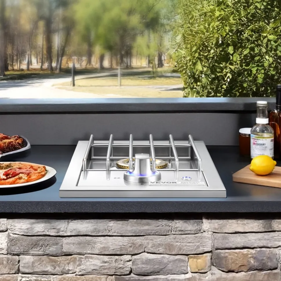 VEVOR Single Grilling Side Burner, 17,000BTU Liquid Propane Side Burner for Outdoor Kitchen, Convertible to Natural Gas, 304 Stainless Steel Built-in Single Grill Burners with LED for BBQ Grill Island