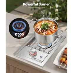 VEVOR Single Grilling Side Burner, 17,000BTU Liquid Propane Side Burner for Outdoor Kitchen, Convertible to Natural Gas, 304 Stainless Steel Built-in Single Grill Burners with LED for BBQ Grill Island