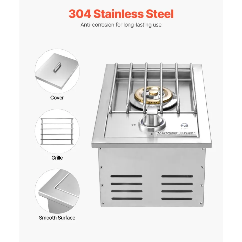 VEVOR Single Grilling Side Burner, 17,000BTU Liquid Propane Side Burner for Outdoor Kitchen, Convertible to Natural Gas, 304 Stainless Steel Built-in Single Grill Burners with LED for BBQ Grill Island