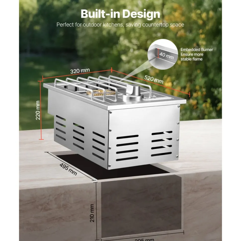 VEVOR Single Grilling Side Burner, 17,000BTU Liquid Propane Side Burner for Outdoor Kitchen, Convertible to Natural Gas, 304 Stainless Steel Built-in Single Grill Burners with LED for BBQ Grill Island