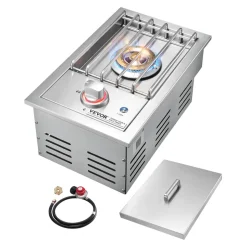 VEVOR Single Grilling Side Burner, 17,000BTU Liquid Propane Side Burner for Outdoor Kitchen, Convertible to Natural Gas, 304 Stainless Steel Built-in Single Grill Burners with LED for BBQ Grill Island