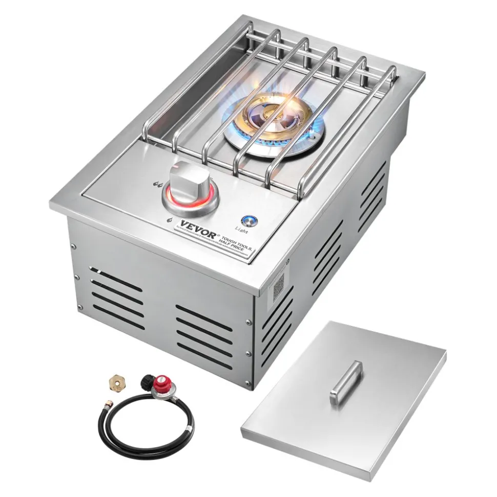 VEVOR Single Grilling Side Burner, 17,000BTU Liquid Propane Side Burner for Outdoor Kitchen, Convertible to Natural Gas, 304 Stainless Steel Built-in Single Grill Burners with LED for BBQ Grill Island
