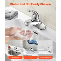 VEVOR Single Handle Sink Faucet, Chrome-Plated Silver Single Handle Bathroom Faucet, Kitchen Water Faucets with Overflow 1 or 3 Hole, Suitable for Bathroom, RV, Bar Sink, Public Restroom, Press-Type