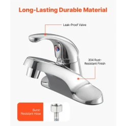 VEVOR Single Handle Sink Faucet, Chrome-Plated Silver Single Handle Bathroom Faucet, Kitchen Water Faucets with Overflow 1 or 3 Hole, Suitable for Bathroom, RV, Bar Sink, Public Restroom, Press-Type