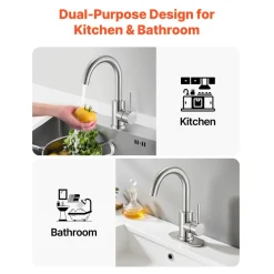 VEVOR Single Handle Sink Faucet, Kitchen Faucet Brushed Nickel Single Handle, Kitchen Water Faucets with Anti-Splash Aerator, Suitable for Bathroom, RV, Bar Sink, Public Restroom, High Arc Spout