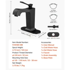 VEVOR Single Handle Sink Faucet, Matte Black Finish Faucet Kitchen Sink, Kitchen Water Faucets with Push-Button Drain, Suitable for Bathroom, RV, Bar Sink, Public Restroom, Waterfall-Style Spout