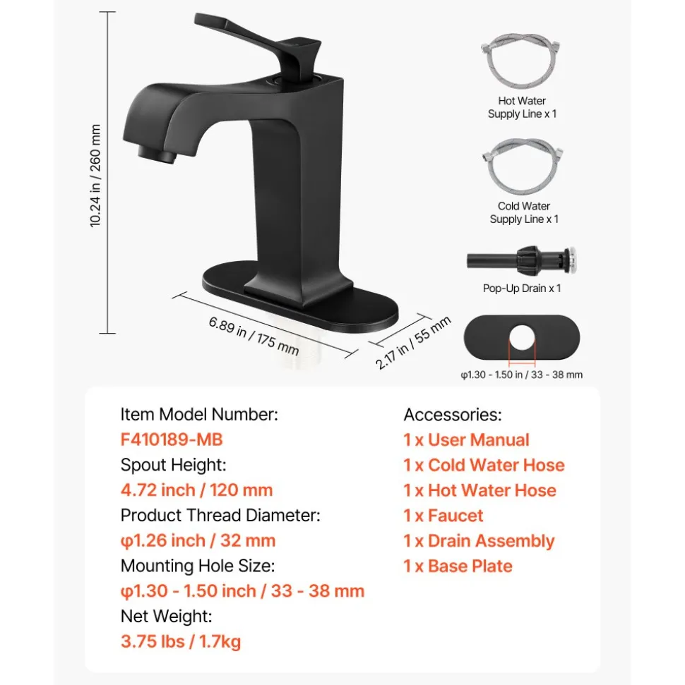 VEVOR Single Handle Sink Faucet, Matte Black Finish Faucet Kitchen Sink, Kitchen Water Faucets with Push-Button Drain, Suitable for Bathroom, RV, Bar Sink, Public Restroom, Waterfall-Style Spout