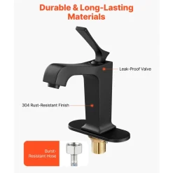 VEVOR Single Handle Sink Faucet, Matte Black Finish Faucet Kitchen Sink, Kitchen Water Faucets with Push-Button Drain, Suitable for Bathroom, RV, Bar Sink, Public Restroom, Waterfall-Style Spout