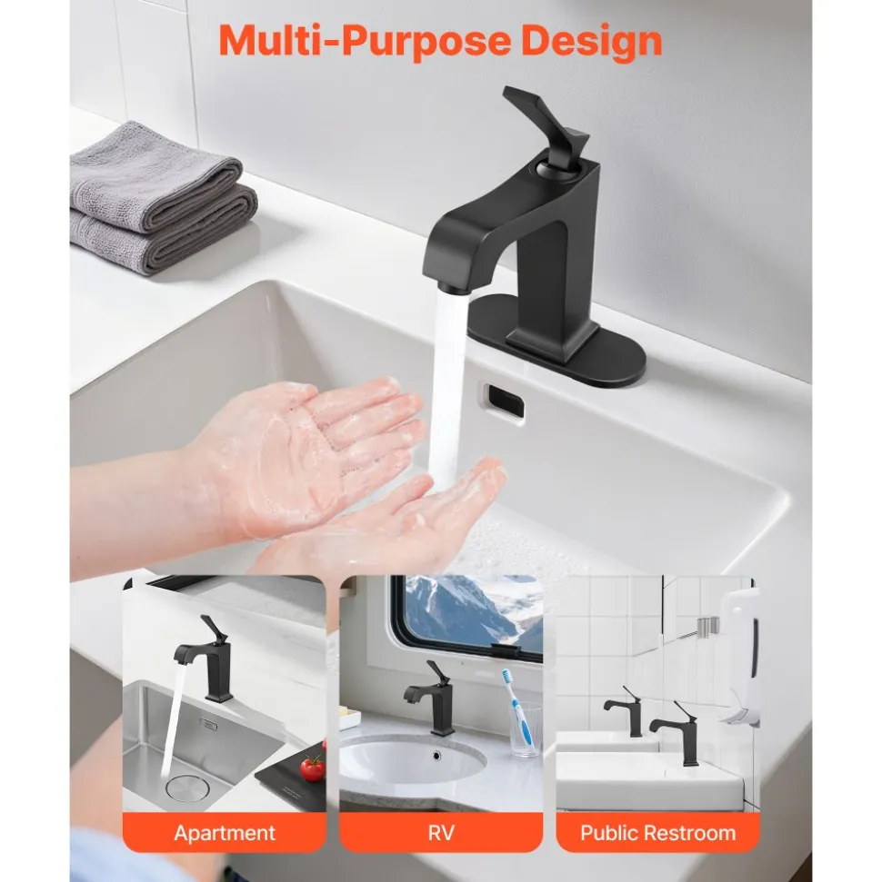 VEVOR Single Handle Sink Faucet, Matte Black Finish Faucet Kitchen Sink, Kitchen Water Faucets with Push-Button Drain, Suitable for Bathroom, RV, Bar Sink, Public Restroom, Waterfall-Style Spout