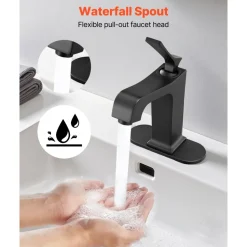 VEVOR Single Handle Sink Faucet, Matte Black Finish Faucet Kitchen Sink, Kitchen Water Faucets with Push-Button Drain, Suitable for Bathroom, RV, Bar Sink, Public Restroom, Waterfall-Style Spout