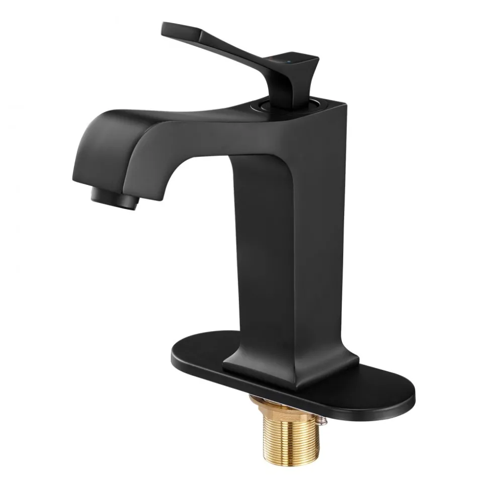 VEVOR Single Handle Sink Faucet, Matte Black Finish Faucet Kitchen Sink, Kitchen Water Faucets with Push-Button Drain, Suitable for Bathroom, RV, Bar Sink, Public Restroom, Waterfall-Style Spout