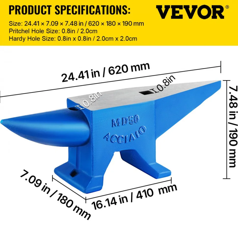 VEVOR Single Horn Anvil Cast Steel Anvil Blacksmith for Sale Forge Steel Tools with Round and Square Hole and Equipment Anvil Rugged Blacksmith Jewelers Durable and Robust Metal Working Tool 105Lbs