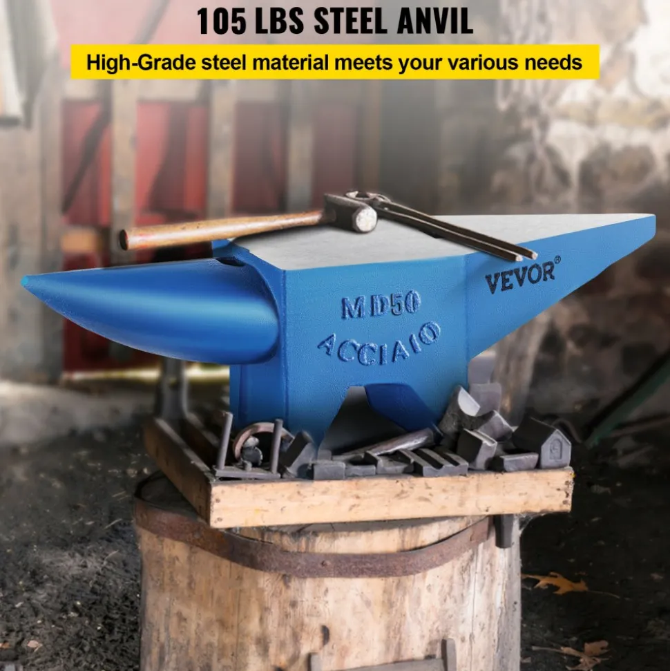 VEVOR Single Horn Anvil Cast Steel Anvil Blacksmith for Sale Forge Steel Tools with Round and Square Hole and Equipment Anvil Rugged Blacksmith Jewelers Durable and Robust Metal Working Tool 105Lbs
