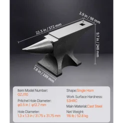 VEVOR Single Horn Anvil, 110lbs Cast Steel Anvil, High Hardness Rugged Round Horn Anvil for Blacksmiths, with Large Countertop and Stable Base, Metal Working Tool for Metal Bending, Shaping, Twisting
