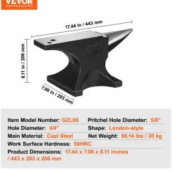 VEVOR Single Horn Anvil, 66Lbs Cast Steel Anvil, High Hardness Rugged Round Horn Anvil Blacksmith, with Round and Square Hole, Large Countertop and Stable Base, Metalsmith Tool for Bending and Shaping