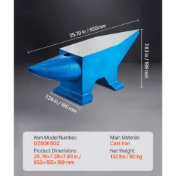 VEVOR Single Horn Anvil 132Lbs Cast Steel Anvil Blacksmith for Sale Forge Steel Tools with Round and Square Hole and Equipment Anvil Rugged Blacksmith Jewelers Durable and Robust Metal Working Tool