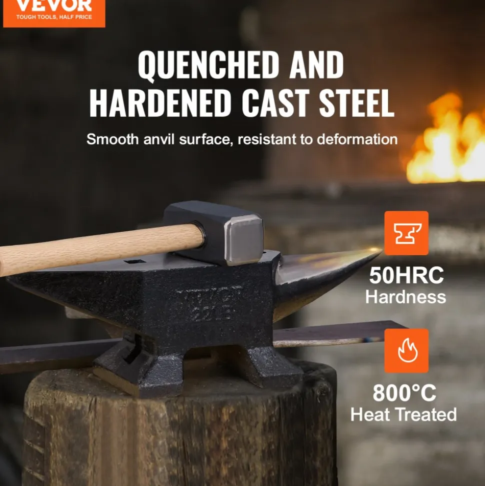VEVOR Single Horn Anvil, 22Lbs Cast Steel Anvil, High Hardness Rugged Round Horn Anvil Blacksmith, Large Countertop and Stable Base, with Round and Square Hole, Metalsmith Tool for Bending and Shaping