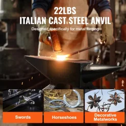 VEVOR Single Horn Anvil, 22Lbs Cast Steel Anvil, High Hardness Rugged Round Horn Anvil Blacksmith, Large Countertop and Stable Base, with Round and Square Hole, Metalsmith Tool for Bending and Shaping
