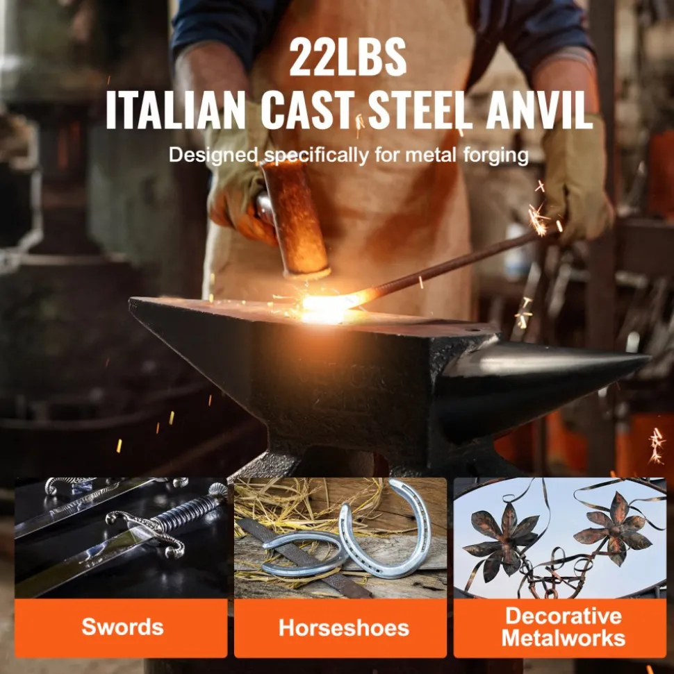 VEVOR Single Horn Anvil, 22Lbs Cast Steel Anvil, High Hardness Rugged Round Horn Anvil Blacksmith, Large Countertop and Stable Base, with Round and Square Hole, Metalsmith Tool for Bending and Shaping