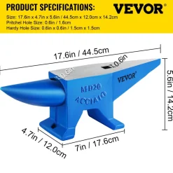 VEVOR Single Horn Anvil 44Lbs Steel Anvil Blacksmith for Sale Forge Tools and Equipment Anvil Rugged Round and Square Hole Horn Anvil Blacksmith Jewelers Metalsmith Blacksmith Tool