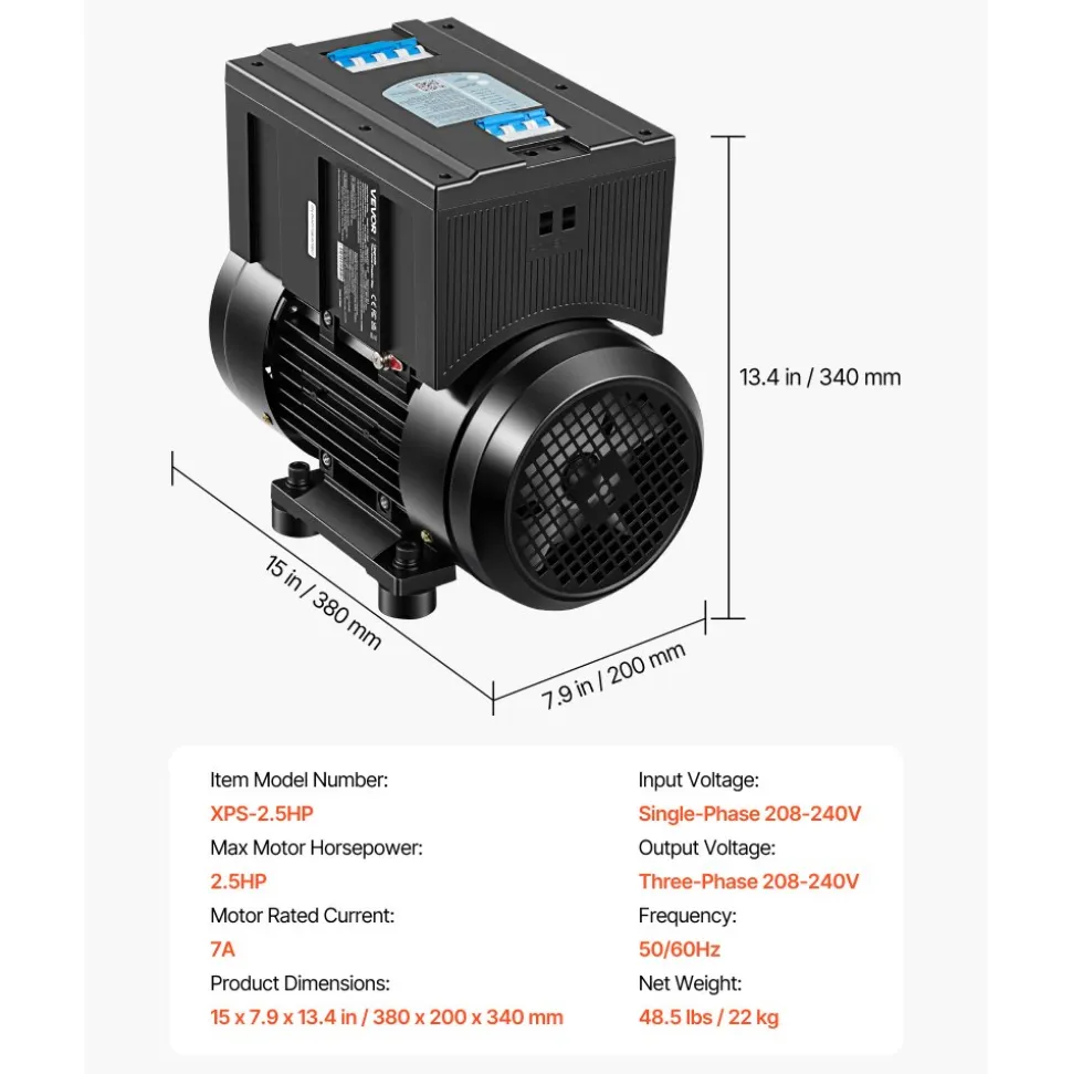 VEVOR Single Phase to 3-Phase Rotary Converter, 2.5HP 7A 208-240V Input/Output Rotary Phase Converter - Expandable to Higher Horsepower for Heavy-Load Equipment