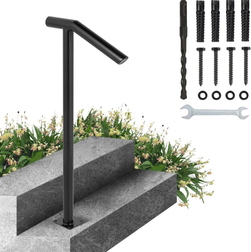 VEVOR Single Post 1-2, Black Steel Railing 441LBS Capacity Baking Varnish Iron Stairs Stylish Handrails for Outdoor Steps with Expansion Bolts & Drill Bit