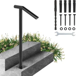 VEVOR Single Post 1-2, Black Steel Railing 441LBS Capacity Baking Varnish Iron Stairs Stylish Handrails for Outdoor Steps with Expansion Bolts & Drill Bit