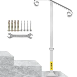 VEVOR Single Post Handrail White Wrought Iron Post Mount Step Grab Supports Fits 1 or 2 Steps Grab Rail Single Post Railing