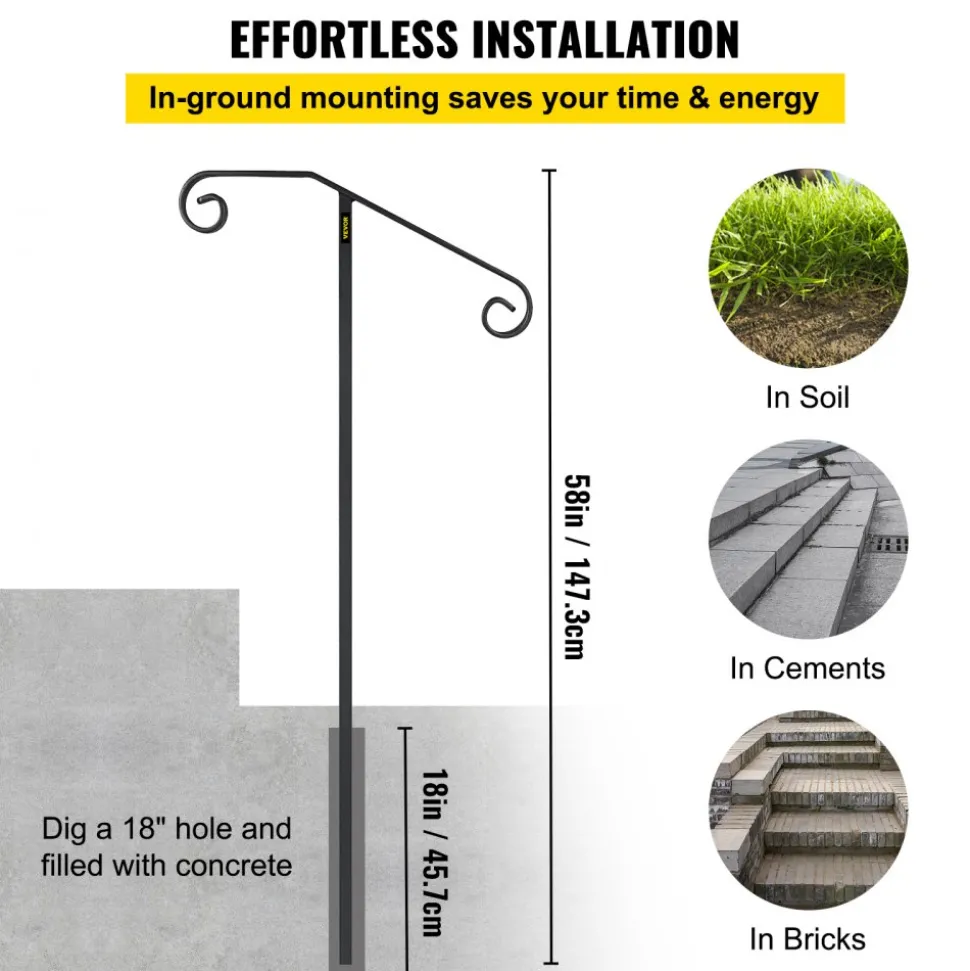 VEVOR Single Post Handrail Wrought Iron Post Mount Step Grab Supports in Ground Long Post Fits 1 or 2 Steps Grab Rail Single Post Railing (Gray)