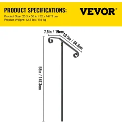 VEVOR Single Post Handrail Wrought Iron Post Mount Step Grab Supports in Ground Long Post Fits 1 or 2 Steps Grab Rail Single Post Railing (Gray)