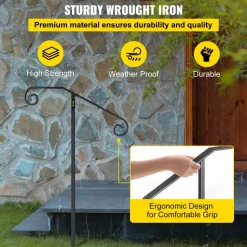 VEVOR Single Post Handrail Wrought Iron Post Mount Step Grab Supports in Ground Long Post Fits 1 or 2 Steps Grab Rail Single Post Railing (Gray)