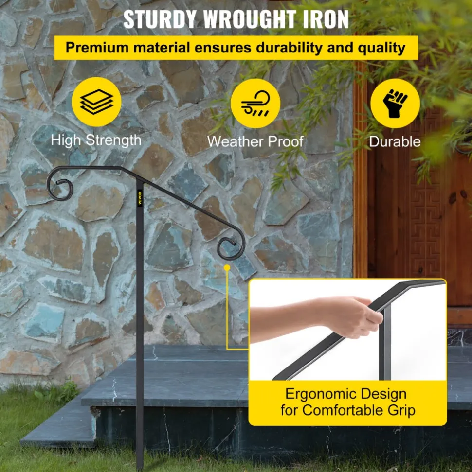VEVOR Single Post Handrail Wrought Iron Post Mount Step Grab Supports in Ground Long Post Fits 1 or 2 Steps Grab Rail Single Post Railing (Gray)