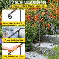 VEVOR Single Post Handrail Wrought Iron Post Mount Step Grab Supports in Ground Long Post Fits 1 or 2 Steps Grab Rail Single Post Railing (Gray)