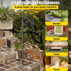 VEVOR Single Post Handrail Wrought Iron Post Mount Step Grab Supports in Ground Long Post Fits 1 or 2 Steps Grab Rail Single Post Railing (Gray)