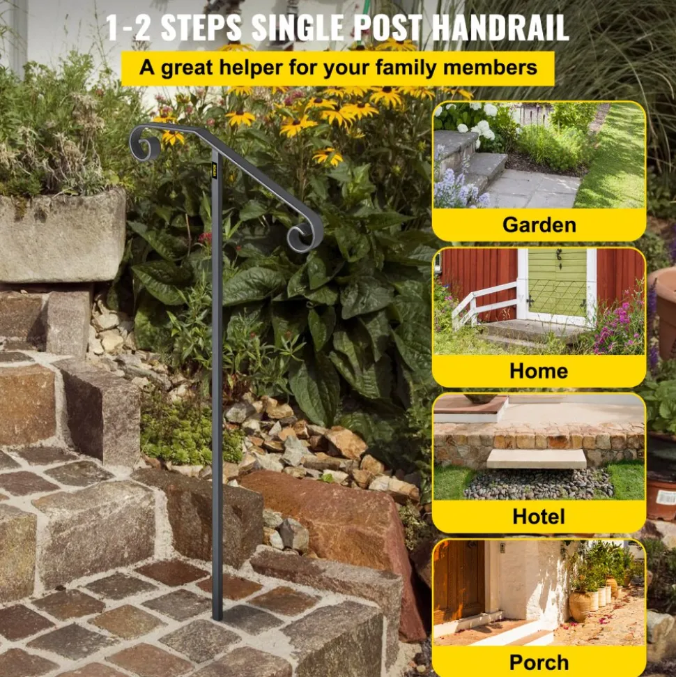 VEVOR Single Post Handrail Wrought Iron Post Mount Step Grab Supports in Ground Long Post Fits 1 or 2 Steps Grab Rail Single Post Railing (Gray)
