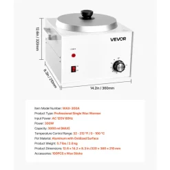 VEVOR Single Pot Wax Warmer, 3000ML 300W Professional Wax Warmer for Hair Removal, 32 ℉ - 212℉ Adjustable Electric Waxing Heater with 100PCS Waxing Sticks for Home Use, Beauty Salon, Spa