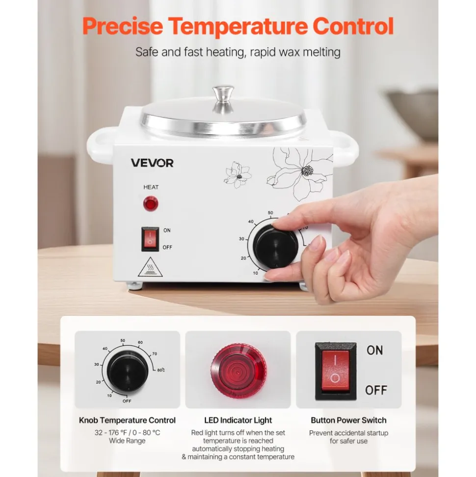 VEVOR Single Wax Warmer, 600ML Professional Wax Warmer for Hair Removal, 32 ℉ to 176℉ Adjustable Electric Waxing Heater Pot with 100PCS Waxing Sticks for Home Use, Beauty Salon, Spa